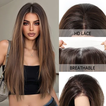 Parrucca Topshe 30 Pollici 13x6 HD Lace Front Realistica Annodata a Mano con Attaccatura Pre-Pizzicata, Capelli Lisci Lunghi con Highlights per Donna