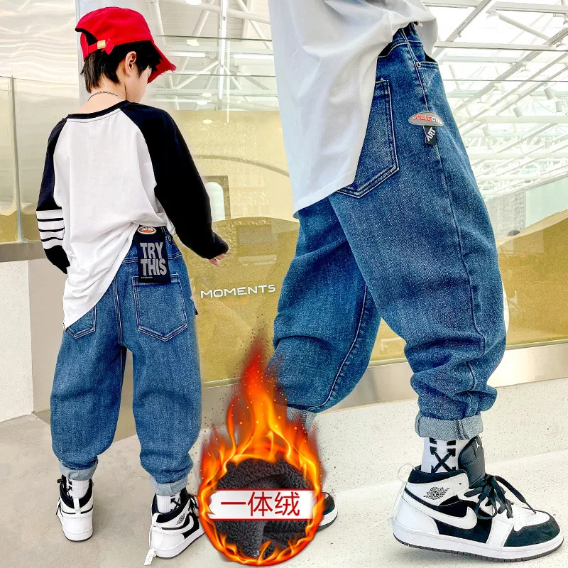 

Boys Trousers One Piece Velvet Teen Children's Trousers Fashion Plush Thick Winter Jeans Autumn Winter Casual Denim Pants jean