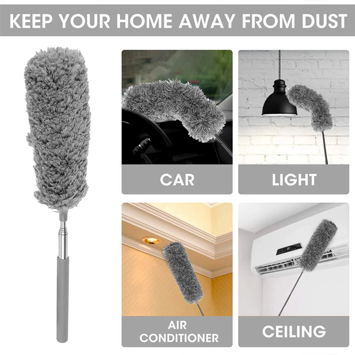 Microfiber Duster Brush with Extension Pole Washable Hand Duster Bendable Head Cobweb Brush for Cleaning Ceiling Fan Furniture