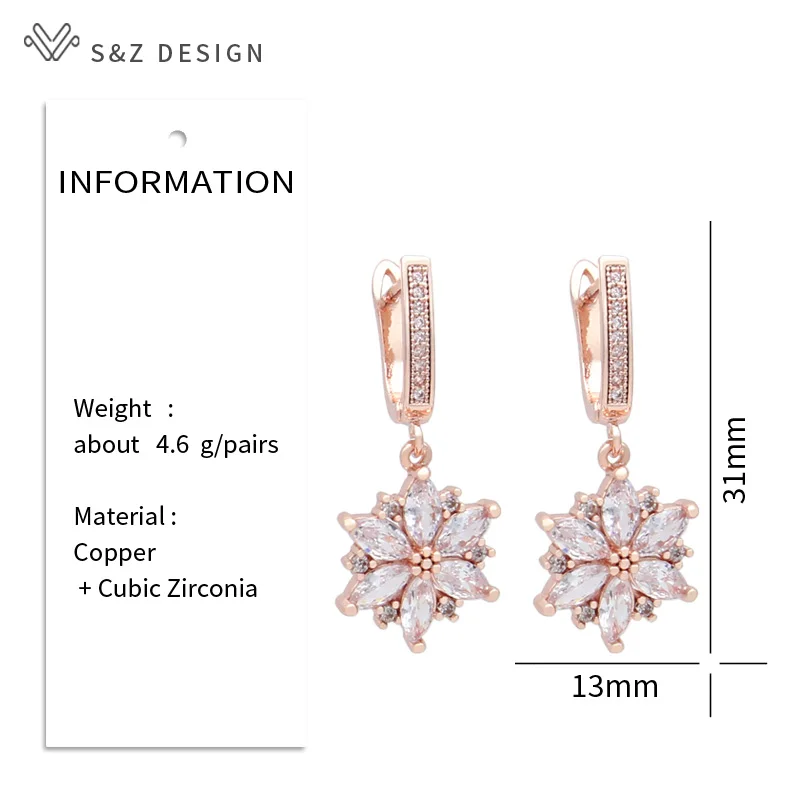 S&Z DESIGN New Fashion 585 Rose Gold Color Flower Dangle Earrings For Women Wedding Party Jewelry Cubic Zirconia Eardrop Gift
