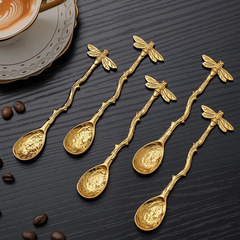 11CM Retro Metal Coffee Spoon Dragonfly Shape Ice Cream Dessert Mixing Teaspoon Kitchen Tableware