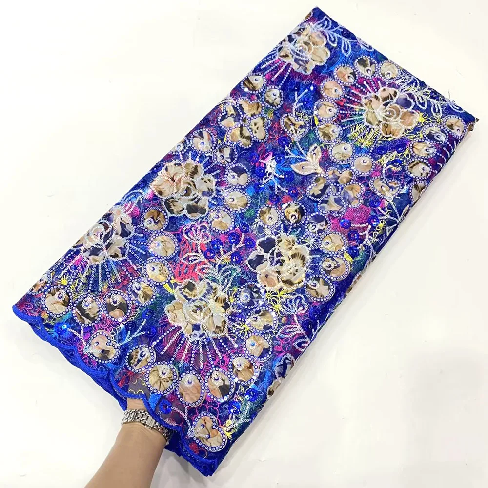 

2023 New High Quality African Nigerian Tulle Lace Fabric With Sequins Embroidery Sewing Guipure Net Cloth Prom Dresses 5 Yards