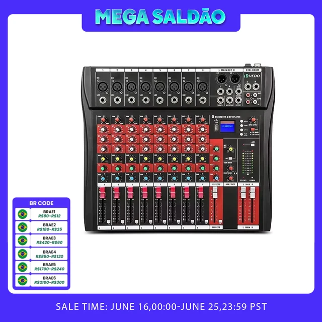 VEDO 8 Channel Professional Audio Mixer Portable Sound Mixing Console USB Interface Digital MP3 Computer Input Audio Recording 1