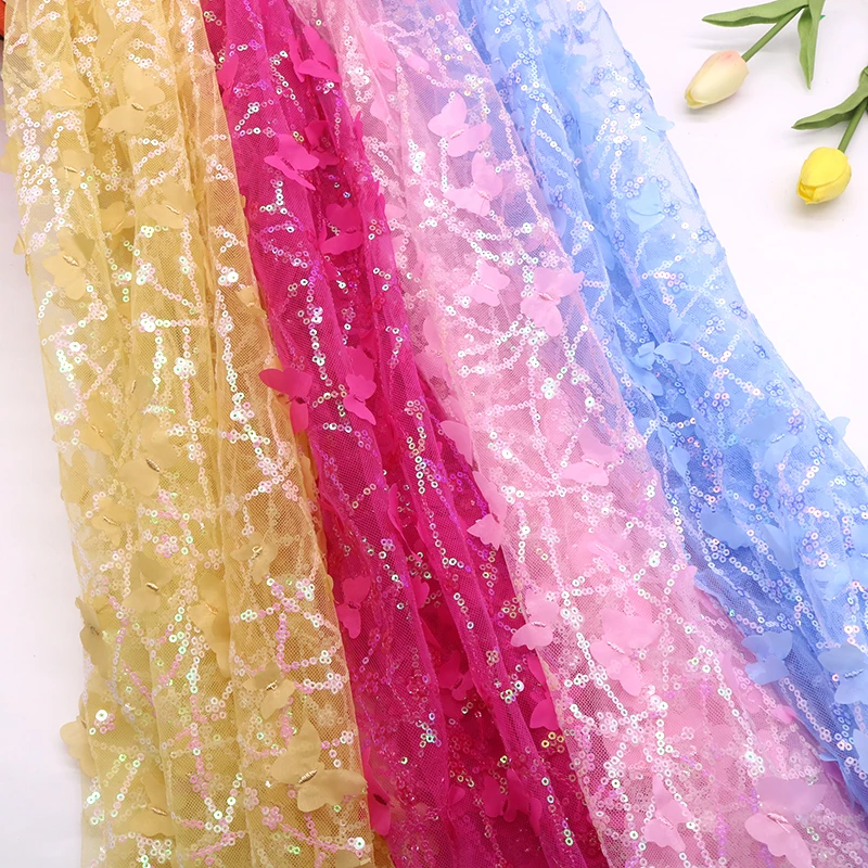 

3D Three-Dimensional Sequin Butterfly Embroidery Mesh Background Decoration Fashion Stage Clothing Fabric