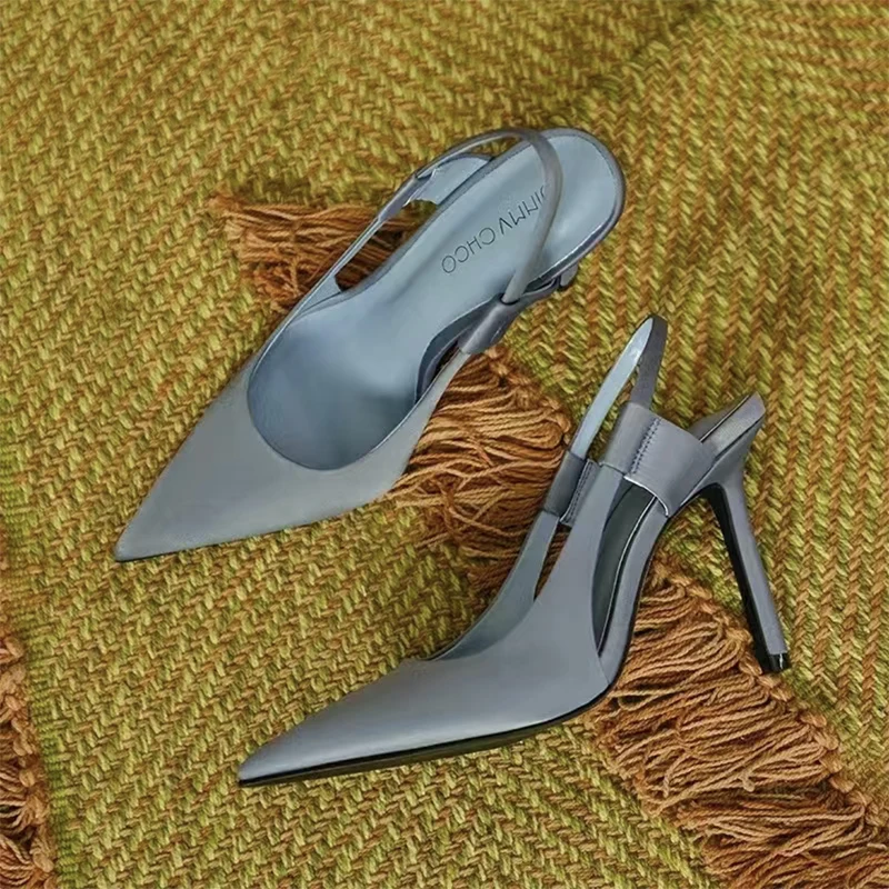 Sexy Pointed Toe Stiletto Heels Pumps Women Summer Solid Color Slingback Party Shoes Woman Back Strap Silk High Heels Sandals