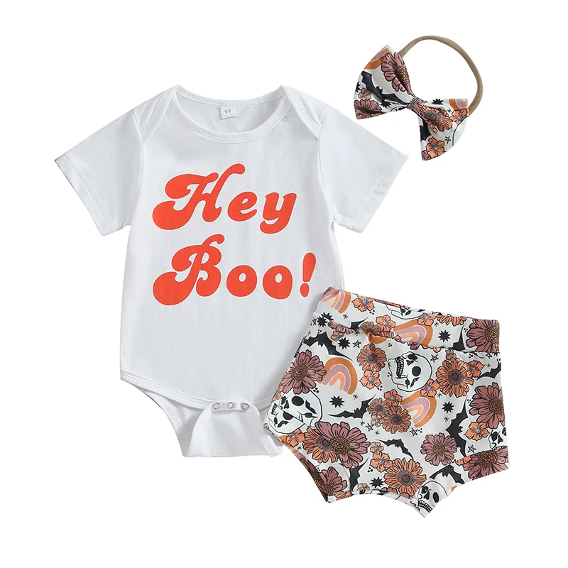 

Baby Girls Shorts Set Short Sleeve Letters Romper Flower Skull Print Shorts Bow Hairband Halloween Clothes