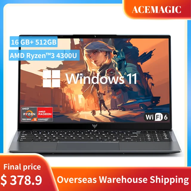 ACEMAGIC Ordinateur portable 15,6 pouces AMD Ryzen 3 4300U 16 Go DDR4 512 Go SSD Windows 11, ordinateur portable ultra fin et léger FHD 180 °   Hinge Travel 1
