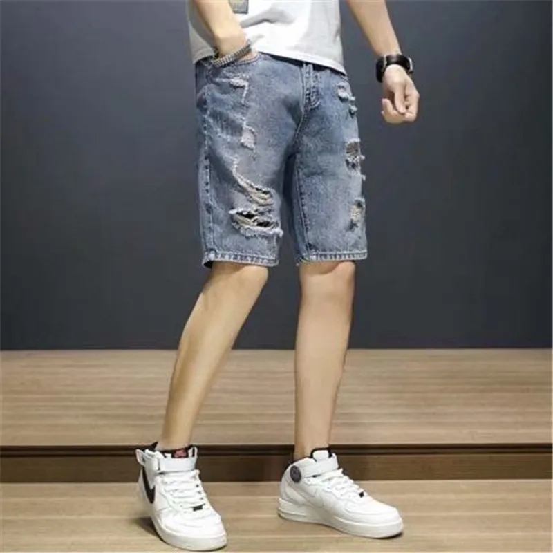 

Summer Men Jeans Breeches Hip Hop Streetwear Holes High Elasticity Denim Shorts Straight Capris Pants Male Casual Short