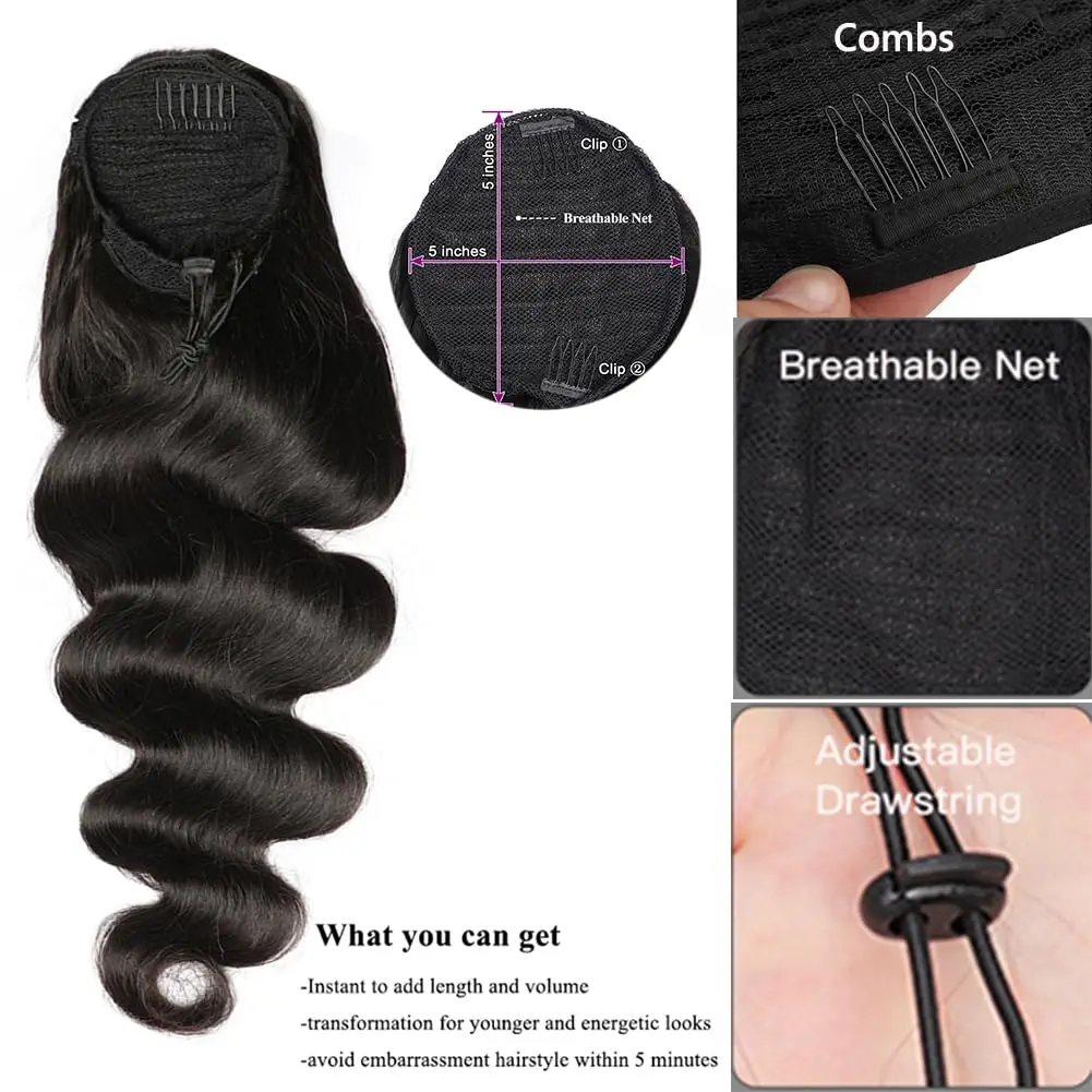 Body Wave Ponytail 100% Real Human Hair Drawstring Ponytail Clip In Hair Extensions Brazilian Natural Black For Women 30 Inch