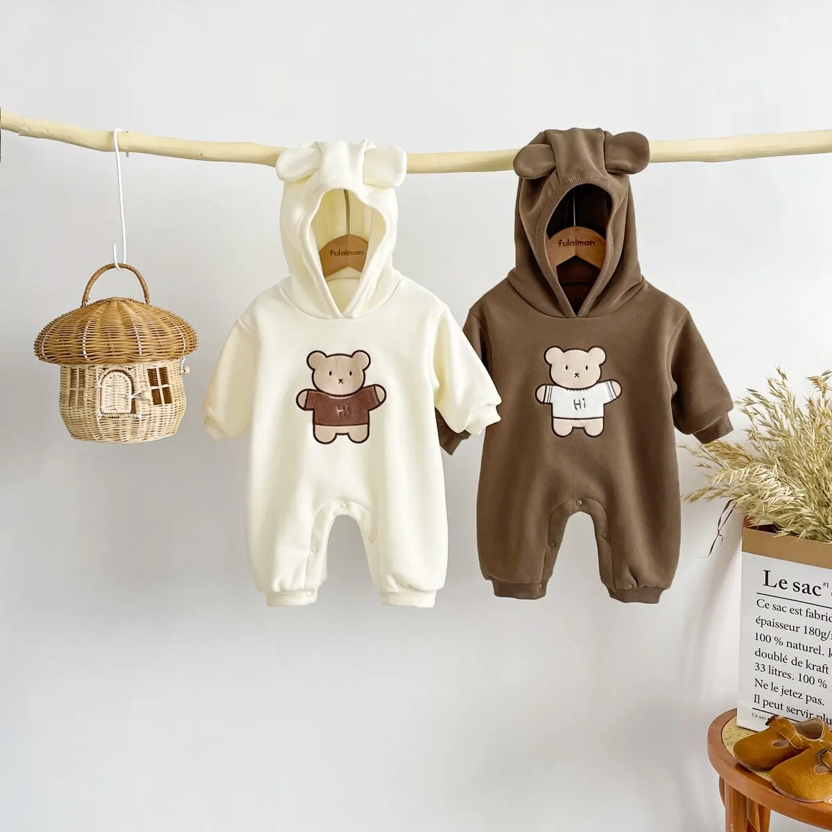 Baby Clothes Bear Hooded Jumpsuit Winter Warm Thick Long Sleeved for Boys Girls 0-24 Months Old