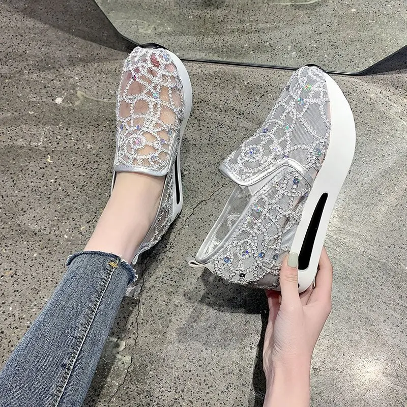 Shoes Female Wedge Sequin Mesh Breathable Shoes Women Gold Silver Platform Sneakers Women Height Increasing Wedges Shoes Casual