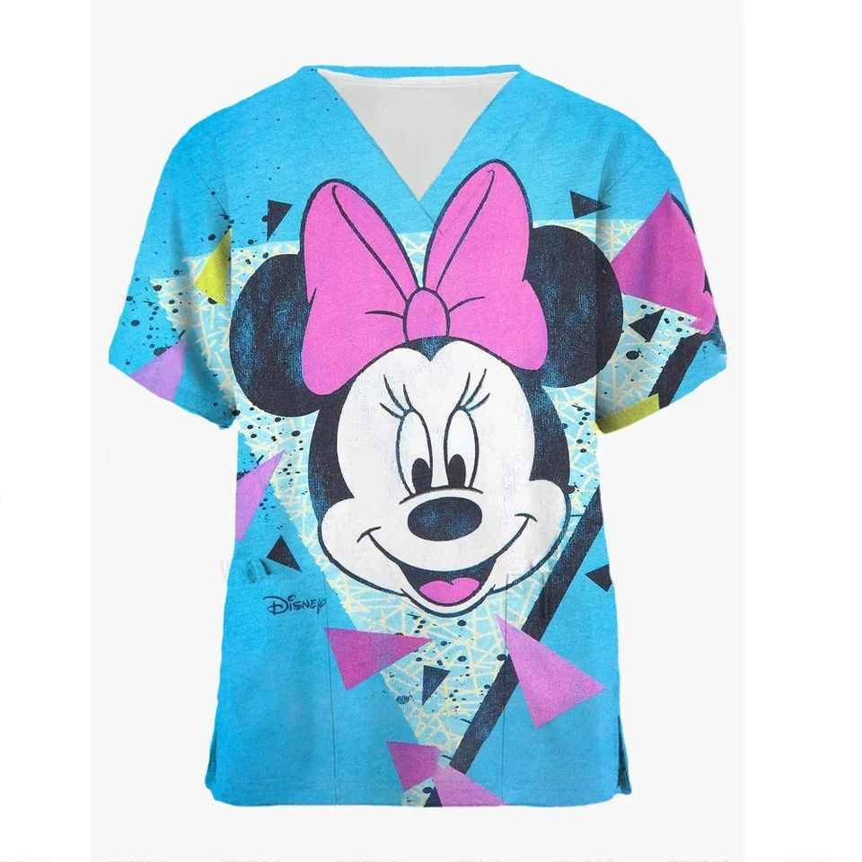 Disney Mickey Mouse Print Nurse Medical Uniforms V-neck Short