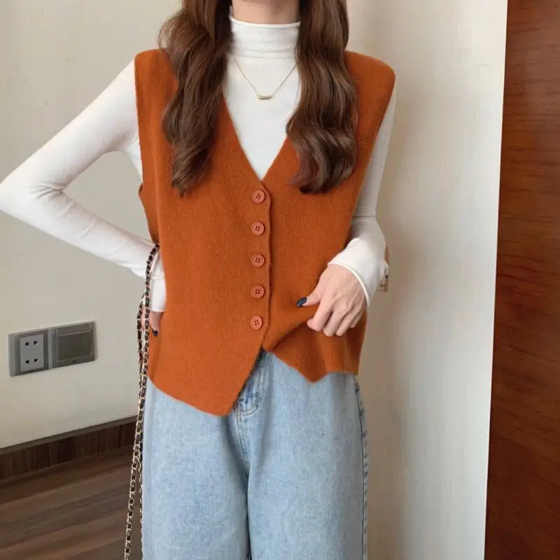 여성용 가디건 조끼, 2023 작은 향기로운 스웨터, 니트 조끼, 민소매 겹침 작은 커프 스웨터, 가을 및 겨울