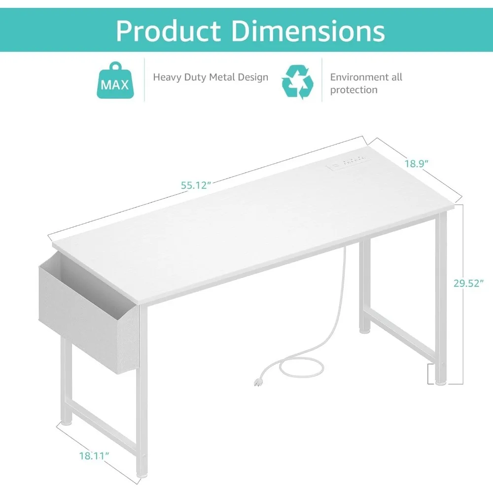 White Computer Desk with Power Outlet, 55 inch Teen Study Table Home Office Work Writing Gaming Desk, Computers Desks 3