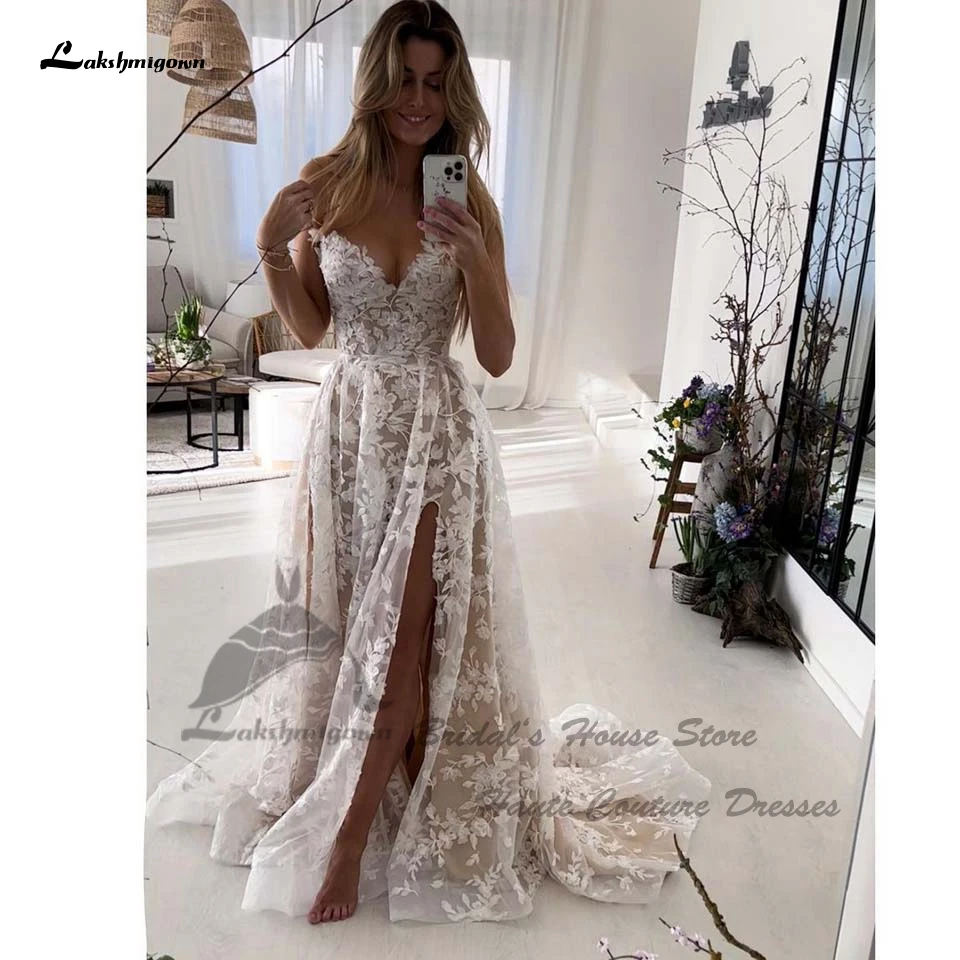 

Lakshmigown Vintage Champagne Boho Wedding Dresses For Women 2024 Trouwjurk Civil Lace Beach Bridal Gowns High Side Split