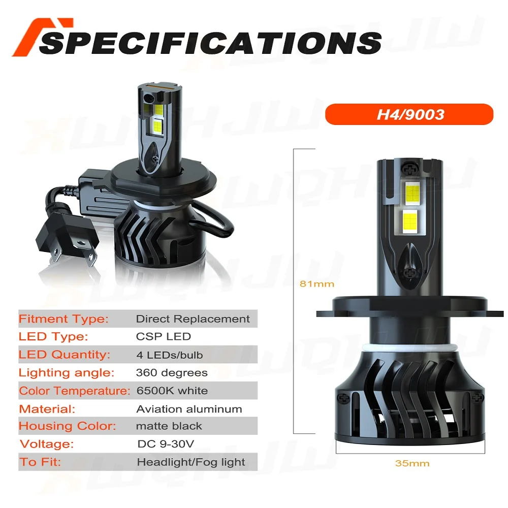 

XWQHJW 2PCS Car lights A1-H4 Super Bright LED Headlights High Low Beam Fog Light Bulb White 6000K Minisize Car accsesories