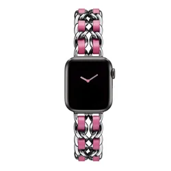 Elegant Women's Gold Metal and Leather Wristband Bracelet - 49mm (Silver rose pink)