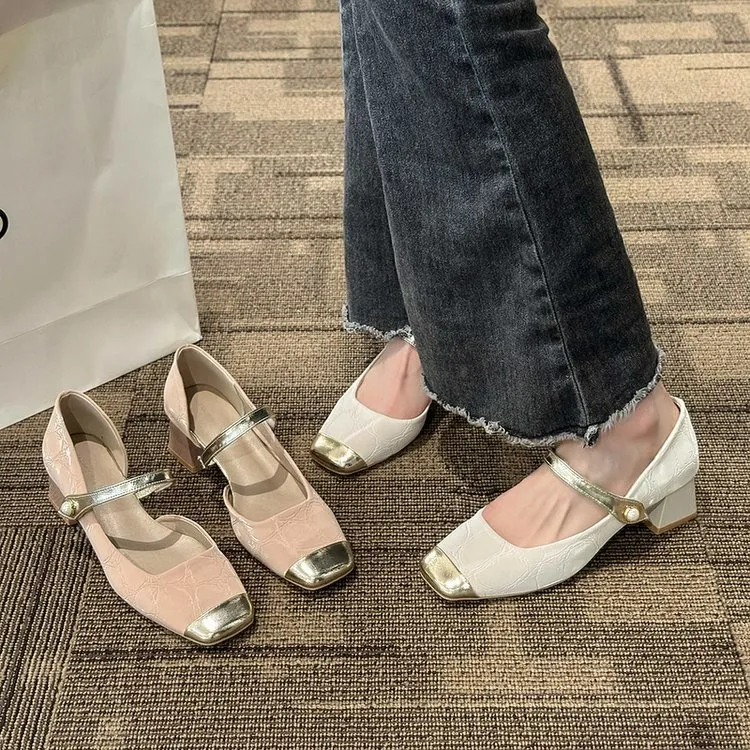 

2024 Sandals Clear Heels Buckle Strap Female Shoe Med Square Toe New Fashion Girls Beige Clogs Comfort Medium Solid Casual Rubbe