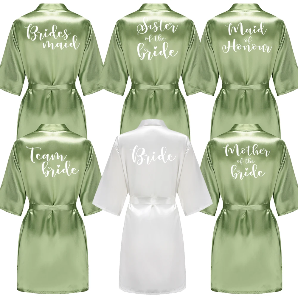 758489-4a6977.jpg Sage Green Women's Satin Bride Bridesmaid Short Robes With White Letter for Wedding Party Getting Ready - Image 1