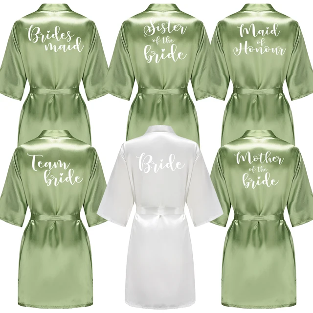Sage Green Women's Satin Bride Bridesmaid Short Robes With White Letter for Wedding Party Getting Ready