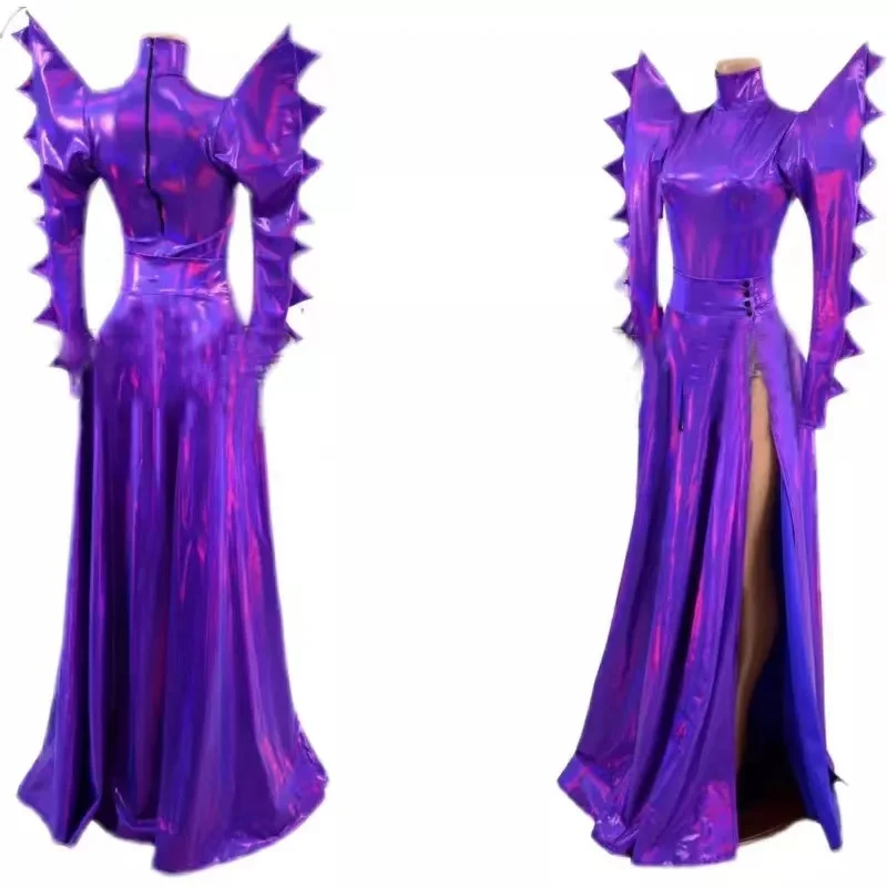 Dance Dress Women Dance Costume Stage Performance Costume Nightclub Ds Dj Gogo Wear Pole Dance Outfit Drag Queen Sexy Purple Laser Exaggerated Shoulder Bodysuit