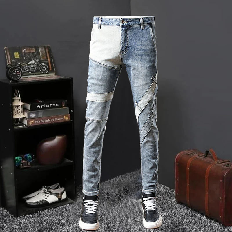 

Men Fall Slim Fit Stretchy Jean Blue White Contrast Color Stitching Design Hip Hop Style Trouser For Men Pantalon Vaquero Hombre