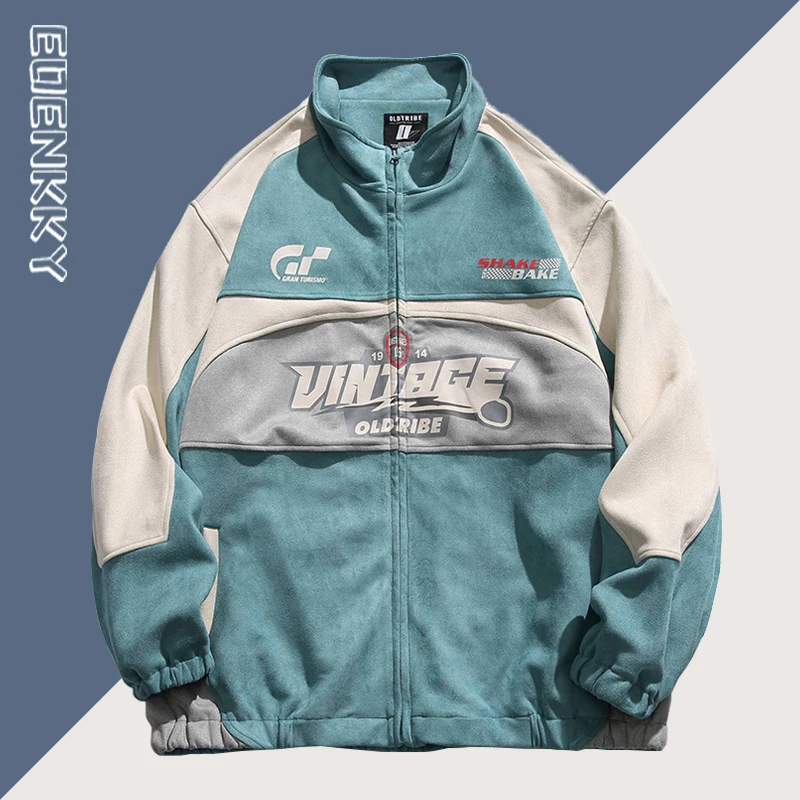 

Blue Bomber Jacket Women Hip Hop Motorcycle Loose Racing Coat Unisex High Street Patchwork Varsity Baseball Outwear Spring 2023