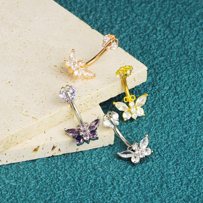 Surgical Steel Crystal Zircon Flower butterfly Purpel Clear Pendant Belly Button Piercing Ring Belly Button Ring Body Jewelry wh