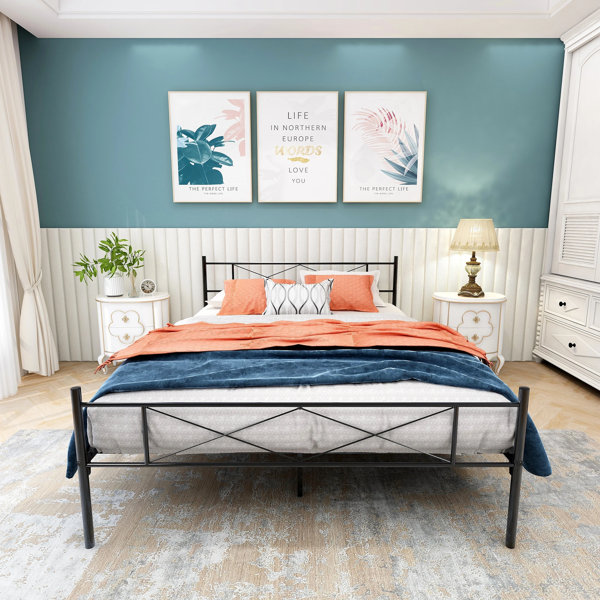 

Queen Size Metal Bed Frame Mattress Foundation with Vintage Headboard and Footboard Bedroom Furniture