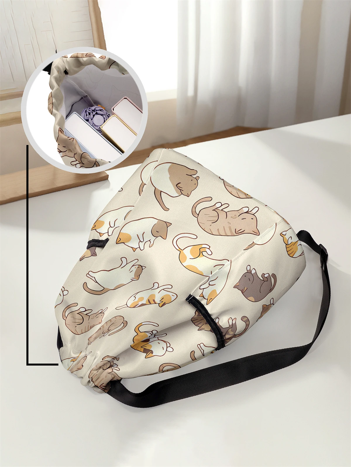 Cat Pattern Printed Drawstring Backpack - Large Capacity Durable Fitness Bag, Sports Beach Backpack