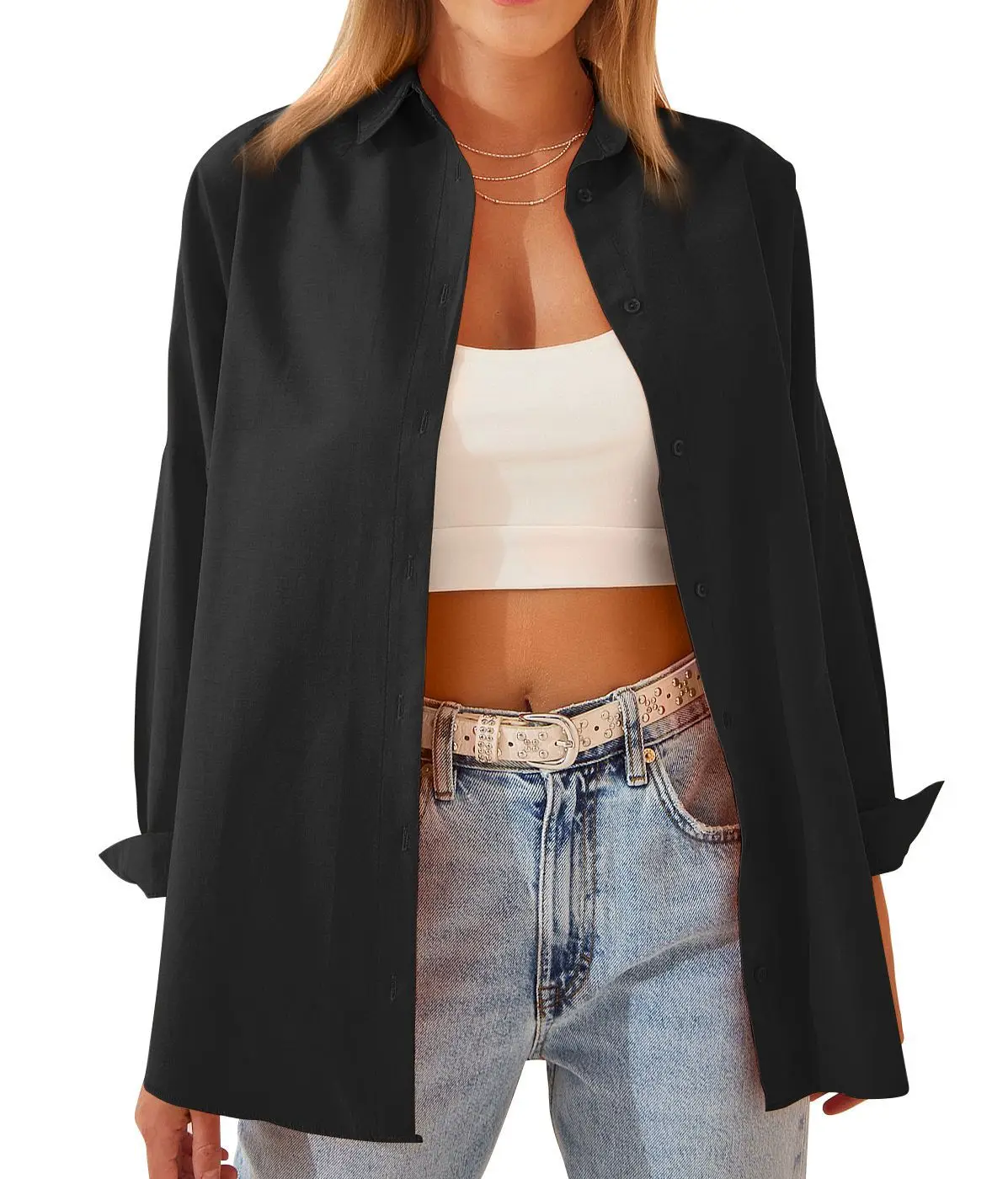 Womens Clothing V-neck Solid Button Long Sleeve Casual Blouse