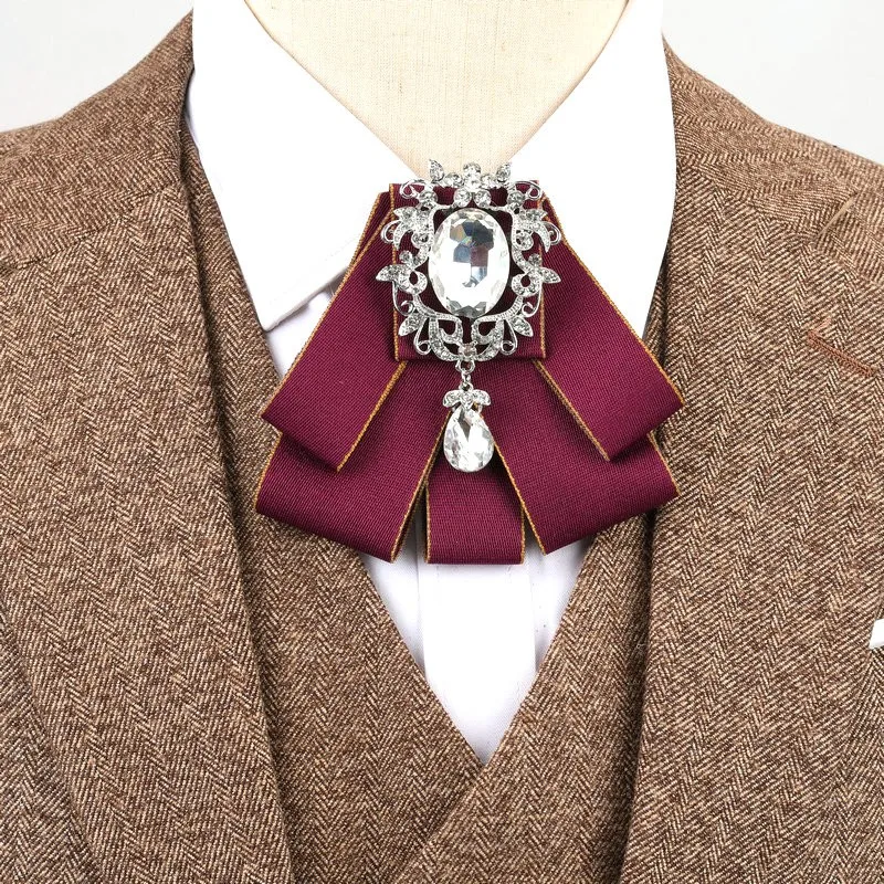 Hand-made Man New Retro Rhinestone Ribbon Bow Tie Diamond Brooch Women's Shirt Collar Solid Business Office Pattern Neckties bow tie