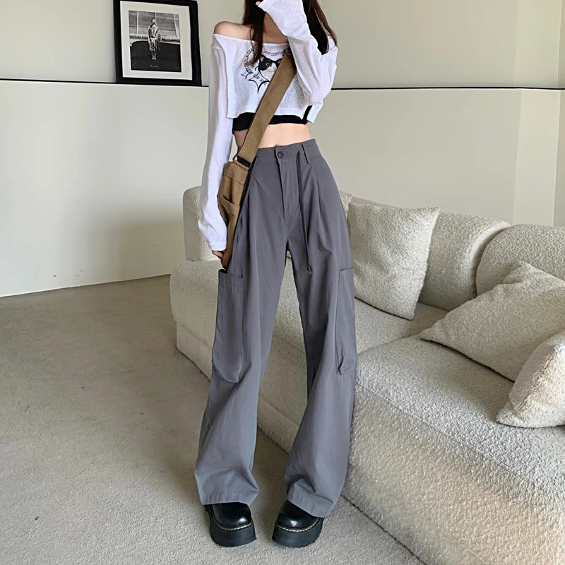 Fashion Streetwear Gray Cargo Pants with Big Pocket 2023 New Design High Waist Loose Straight Baggy Trousers Women