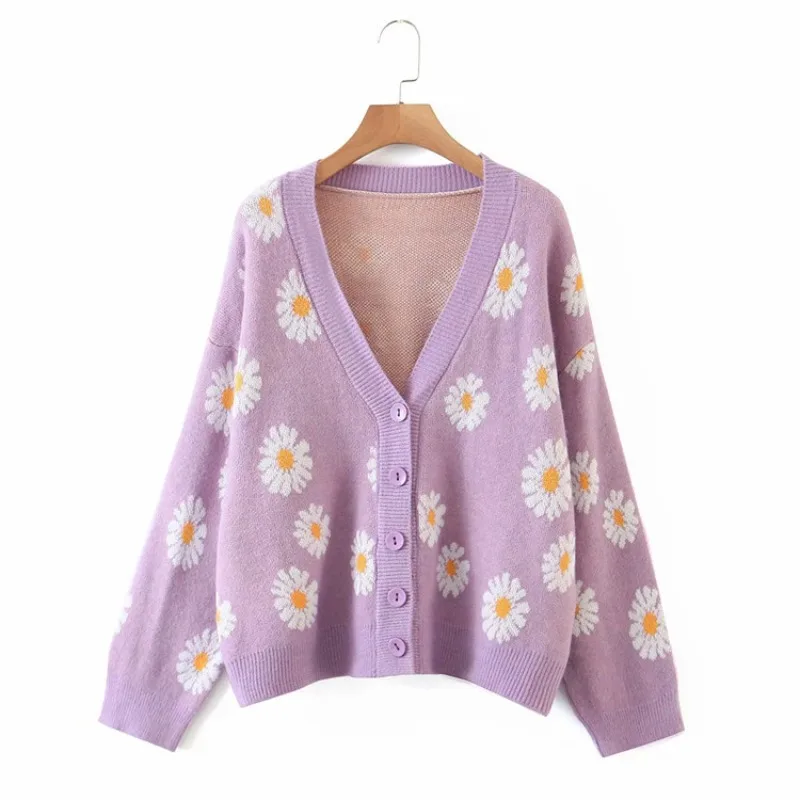

Autumnandwinter European and American women's knitted cardigan women's long sleeve V-neck embroidered loose sweater jacket women