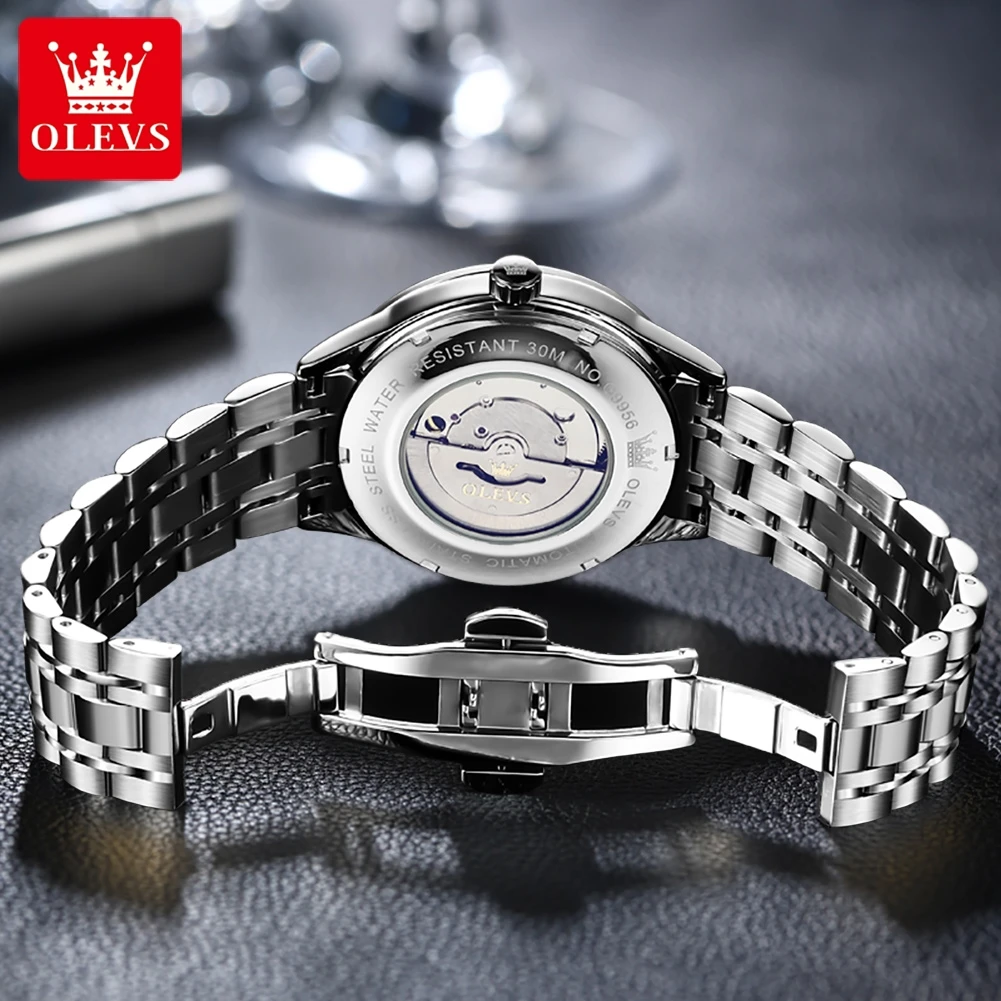 OLEVS Men's Mechanical Watch Waterproof Luminous Stainless Steel Grey Dial Business Automatic Watch for Men Week Date Wristwatch