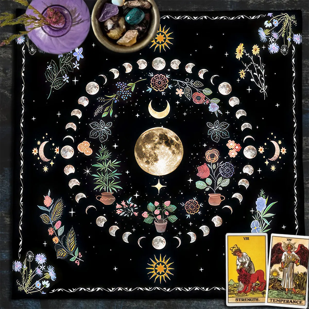 Botanical Moon Altar Cloth Tarot Mat Triple Moon Flower Spread Tarot Reading Cloth Spiritual Oracle Card Pad Divination Tools 2