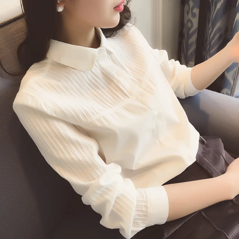 Autumn Womens Turn-down Collar Doll Collar Patchwork Single Breasted Shirt Korean Edition Solid Loose Fashion Long Sleeve Blouse