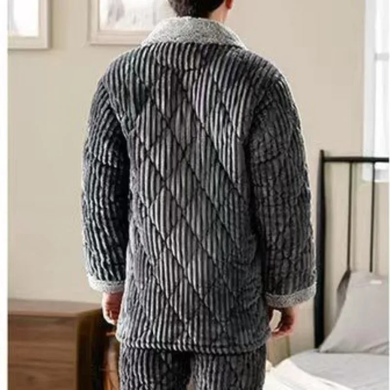 Sleepwear Men Winter Three-layer Cotton Sandwich Thickened Coral Velvet Home Suit Middle-aged Young Large Size Outer Flannel Set