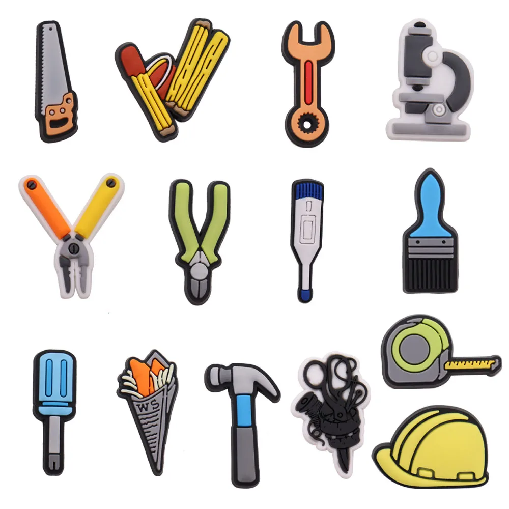 1-14PCS PVC 도구 브러시 펜치 가위 스크루 드라이버 렌치 해머 구두 매력 슬리퍼 액세서리 버클 나막신 핀 소년 선물