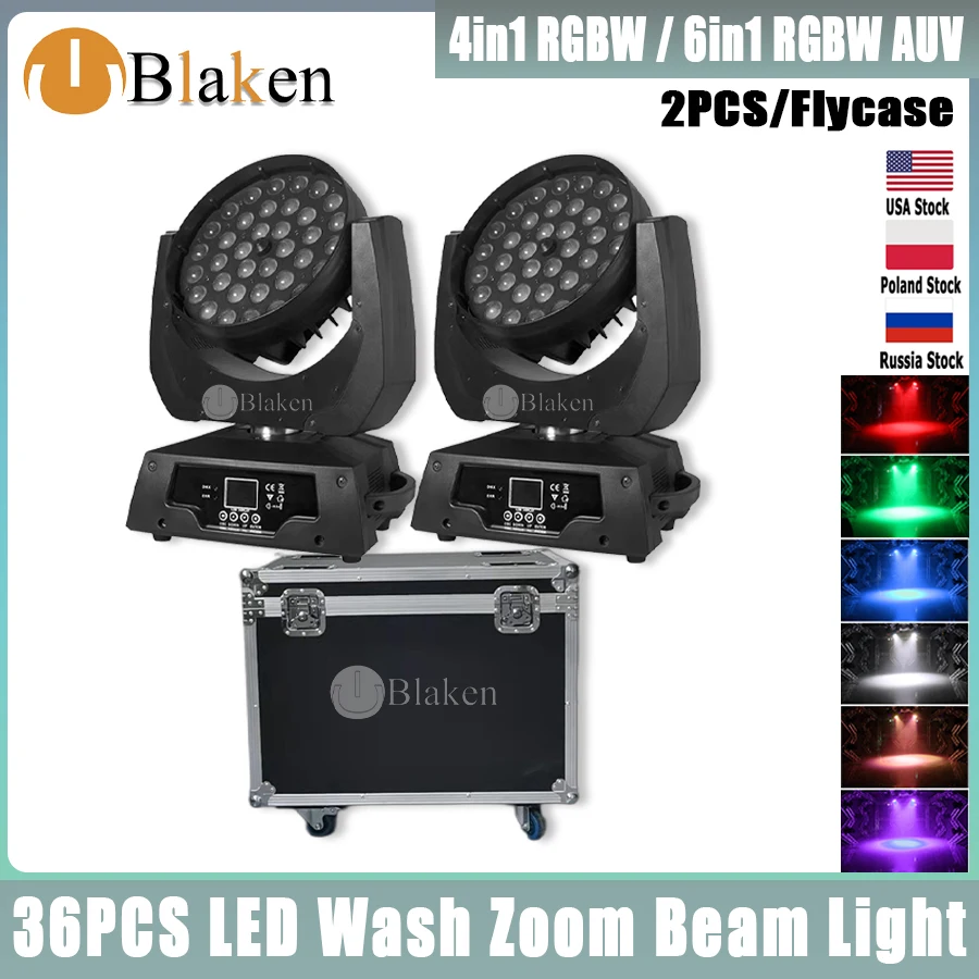 0 Tax 2pcs LED Lights Wash Zoom 36x18W RGBWA+UV 36x12W RGBW Moving Head Lighting With Flycase For Professional DJ Equipment