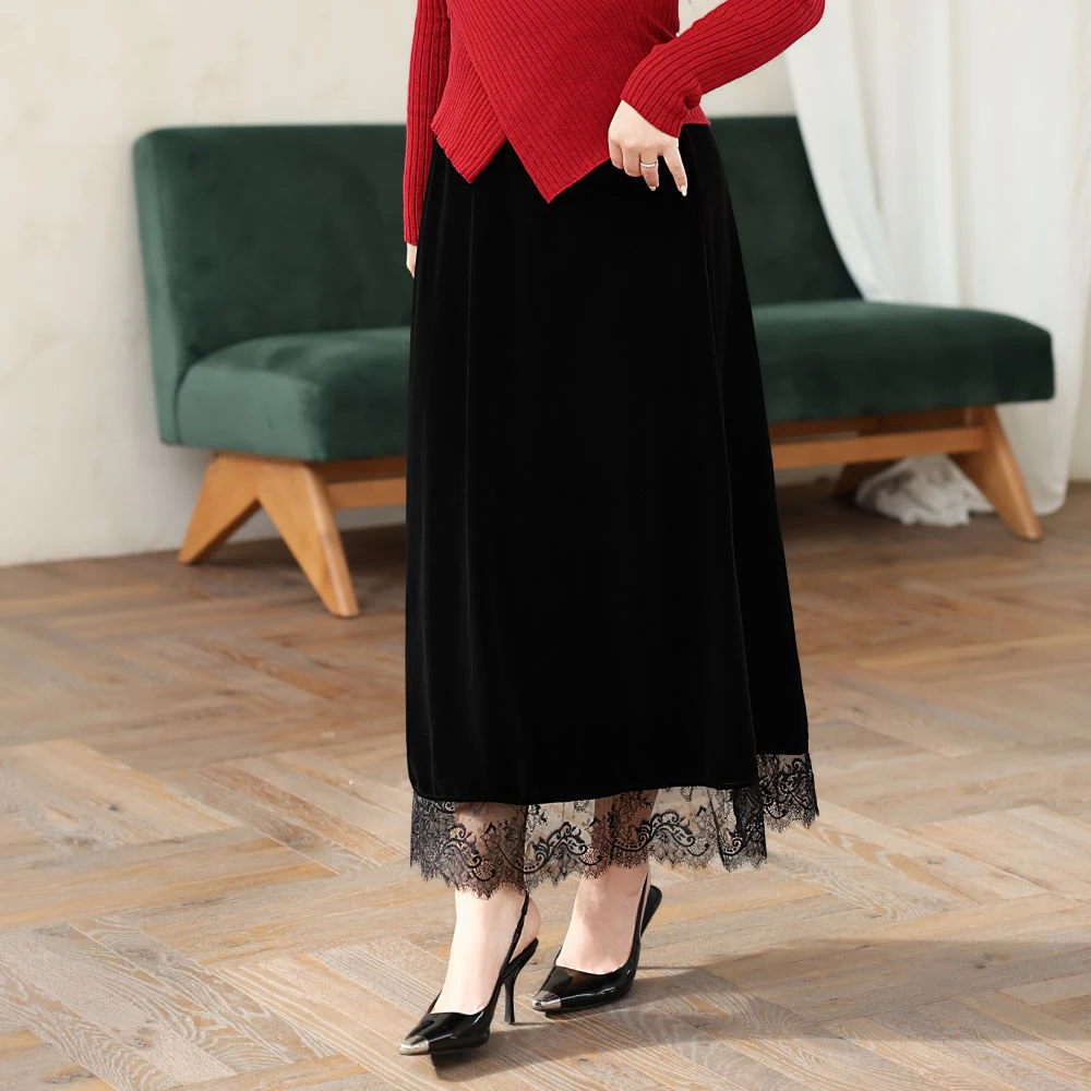 Plus Size Women's Skirt Premium French Lace Hem Splicing High Waist Mid Length Velour A-line Autumn Winter 2025