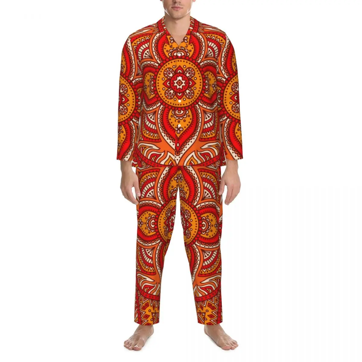 

Tribal Print Sleepwear Spring Ethnic Floral Casual Oversize Pajamas Set Male Long Sleeves Soft Leisure Custom Nightwear