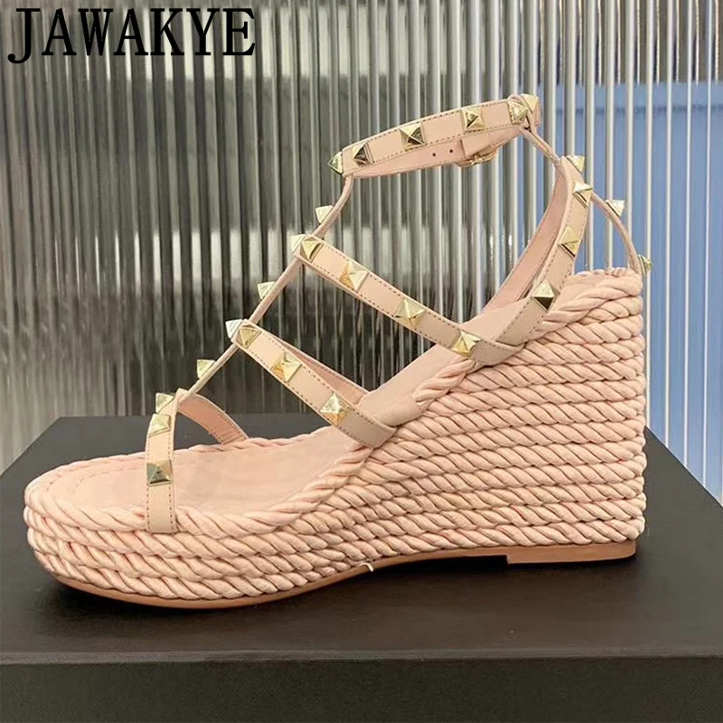 

Hemp Rope Wedges Sandals Women Shoes Stueede Buckle Strap High Heel Shoes Women Summer 2022 Genuine Leather Sandalias Femininas