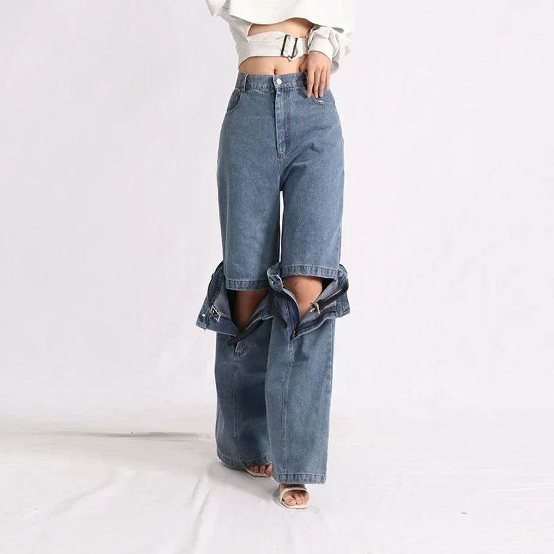 Denim Pants Woman 2023 Autumn New Fashion Versatile Splice Detachable Straight Leg Casual High Waist Jeans Streetwear Female