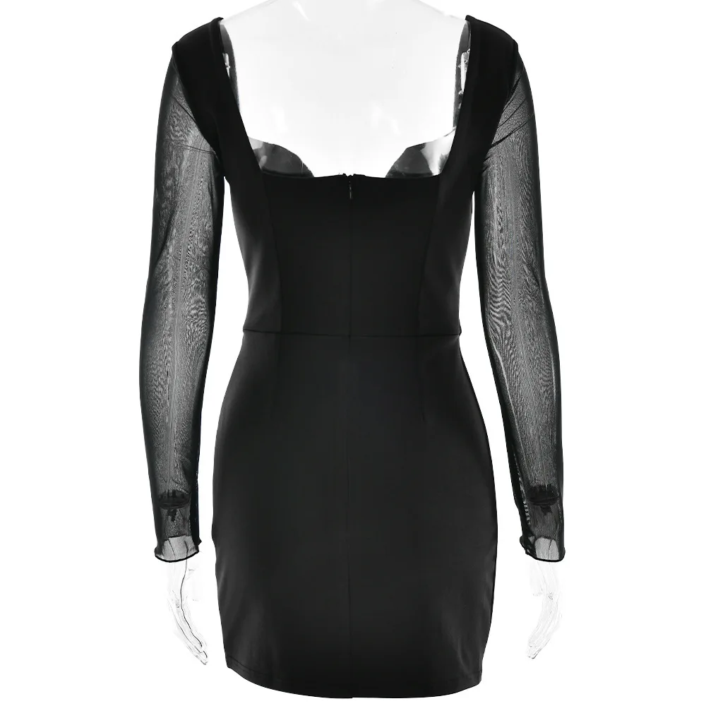 Elegant Long Sleeve Mesh Patchwork Zipper Tight Dress Women Sexy Deep V-Back Short Skirt Party Club Evening Dress 2025