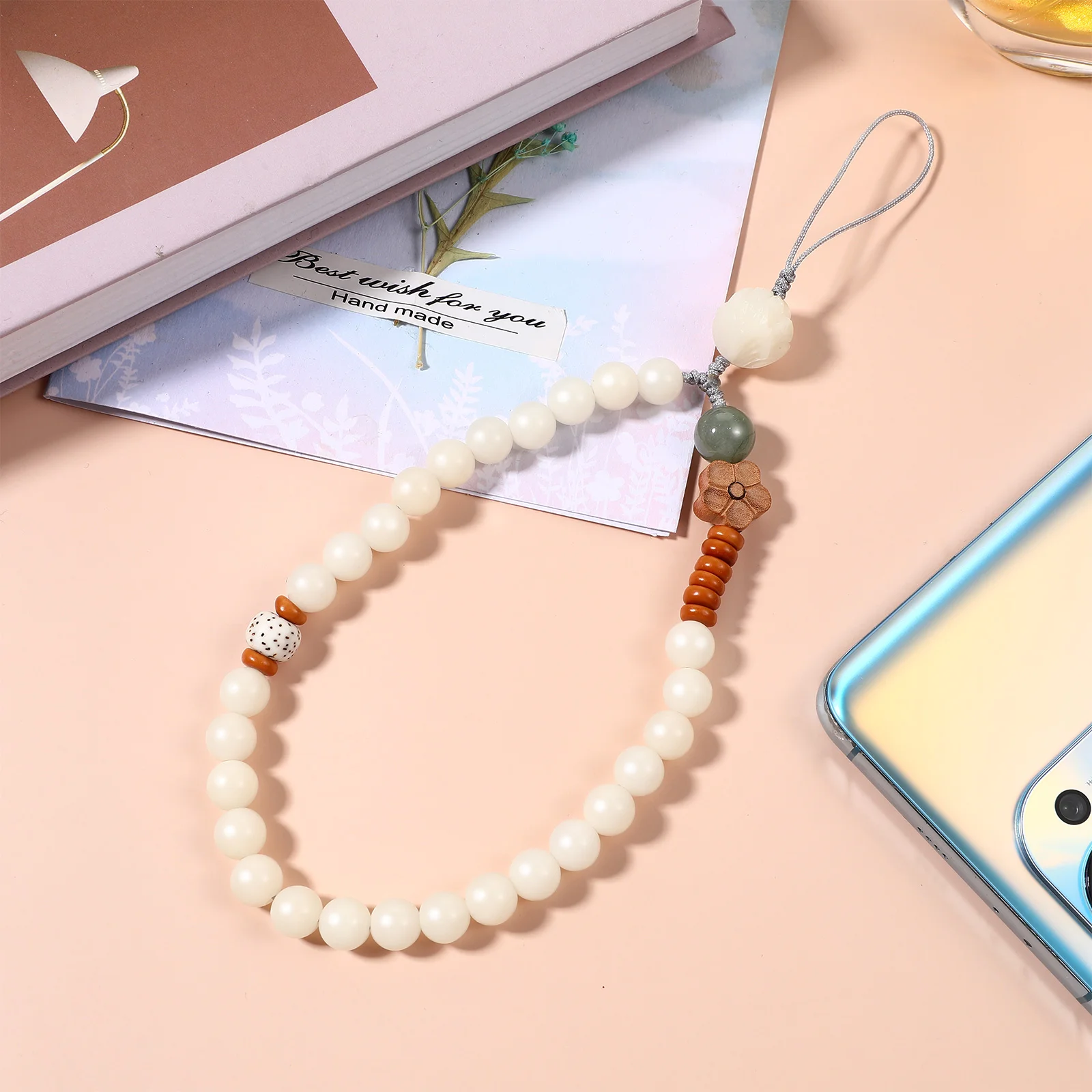 

UKCOCO White Jade Bodhi Phone Short Chain Creative Phone Lanyard Bracelet Phone Strap Decoration Wrist Chain Chinese Style