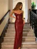 Elegant Backless Burgundy Leather Zipper Sleeveless Tight Long Dress Woman High Waist Wrinkles Dresses New Lady Party Club Gown 5