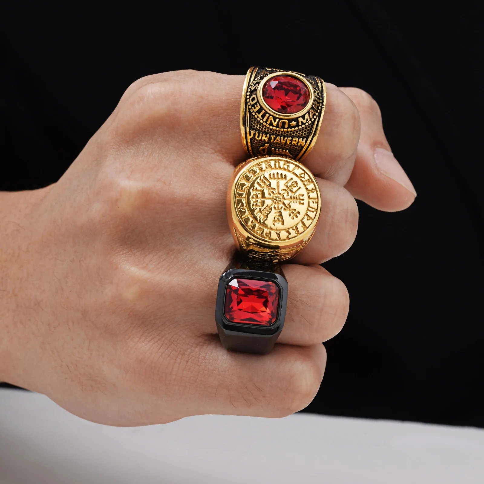 Vnox Retro Niche Rings For Men, Stainless Steel Art Carved Gemstone Inlaid Rings, Hip Hop Male Finger Casual Trendy Wear 3