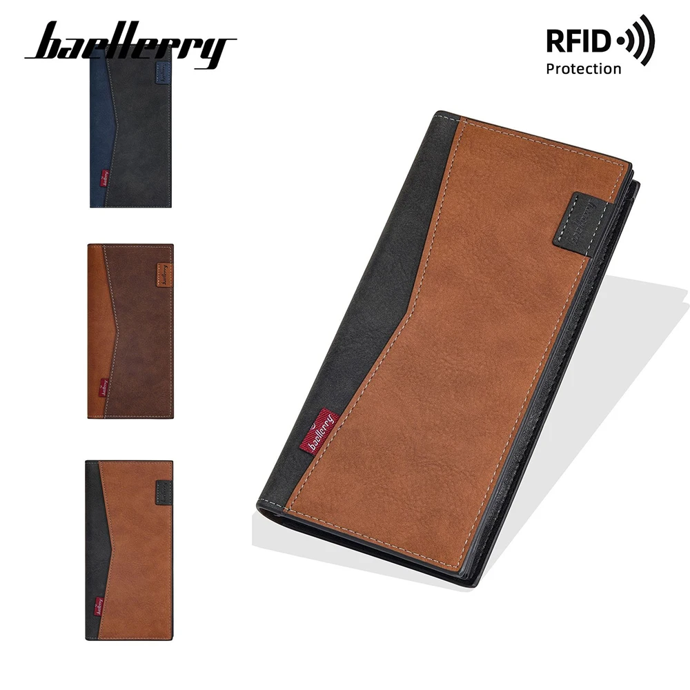 Baellerry Men's Long RFID Wallet PU Leather, Anti-Skimming Bifold with 12+ Card Slots & Zipper Pocket