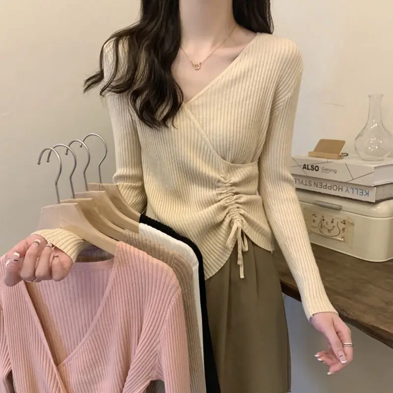 

Женский трикотажный свитер на завязках, Однотонный свитер с длинным рукавом и низким воротником, дизайнерский облегающий топ для отдыха и офиса, весна-осень 2023